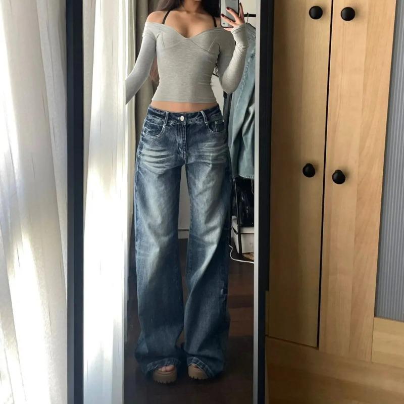 Y2k Vintage Wide Leg Jeans for Women Washed Casual High Waist Loose Denim Pants Streetwear Korean Straight Trousers