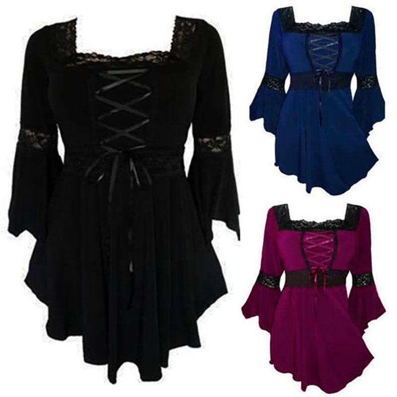 Women Size Plus Lace Up Blouse Shirts Ruffle Ladies Long Sleeve Tunic Peplum Top