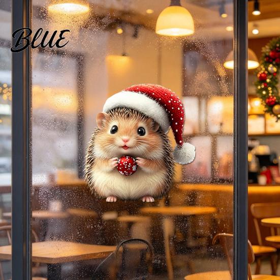 Seasonal Glass Decorations Cute Hedgehog with Santa Hat Christmas Window Clings Static Stickers for Removable Holiday Home Decoration Waterproof PVC