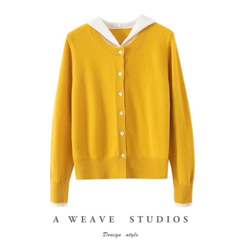 Women's 100% Pure Wool Color Block Cardigan Hoodie - Loose Knit Button-Up Sweater Coat