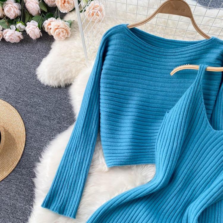 Women Autumn Winter Knit Set Slim Solid Color Two Piece All Match Crop Sweater Hip Dress For Ladies