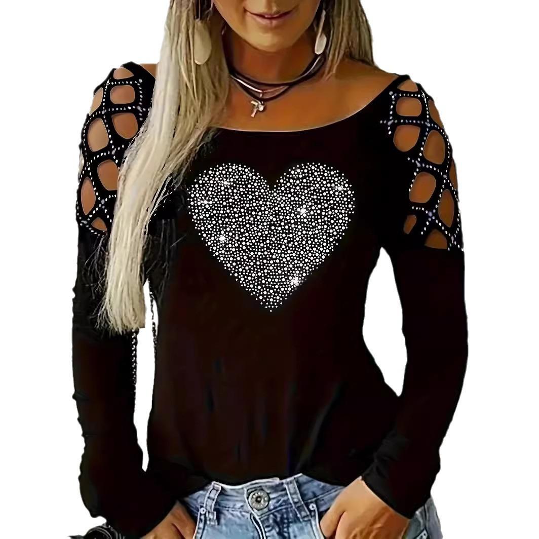 2024 summer new European and American eBay wish Amazon independent station hot diamond love long-sleeved top women S чёрный
