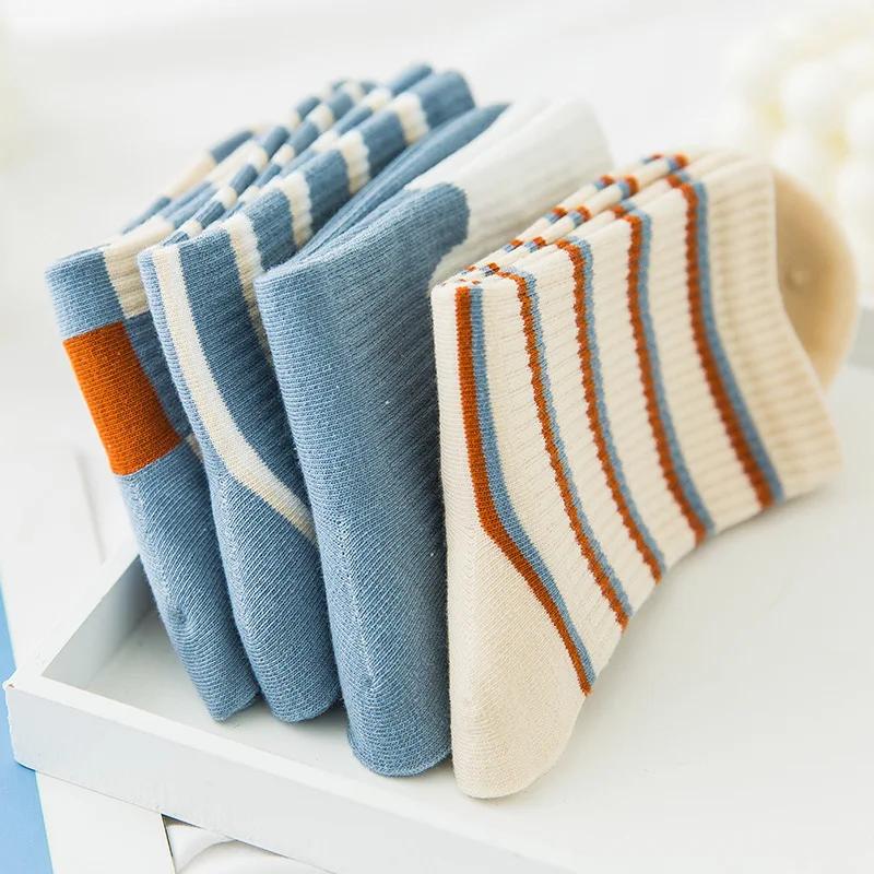 5 Pairs/Pack Kawaii Women Socks Harajuku Trend Women Checkered Stripe Bule Socks Girl Cotton Socks