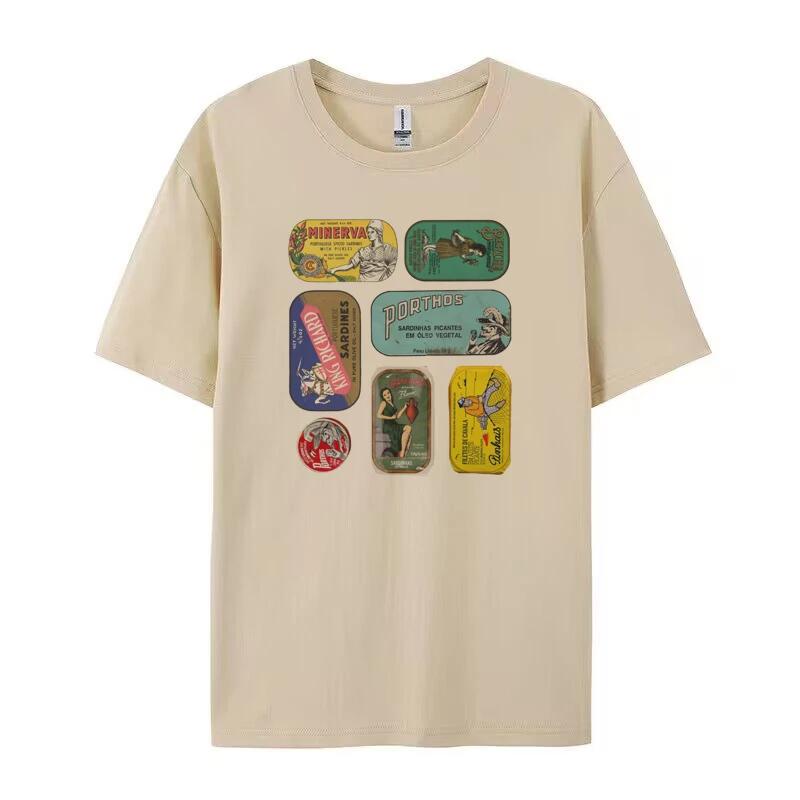 T-shirt Vintage da Donna con Sardine in Lattina Divertente Estetica Foodie T-shirt Carine Grafiche di Frutti di Mare Unisex Estive Larghe Top Retro