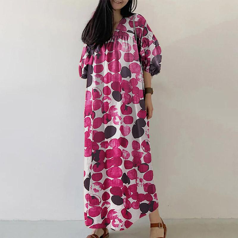 

ZANZEA Womens Casual V-Neck 3/4 Sleeve Loose Print Long Dress S темно-рожевого кольору