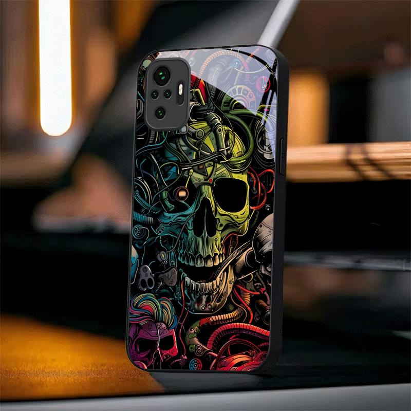 Neon Tech Skull Graffiti Black Glass Phone Case For Redmi Note 14 Pro+ 13 Pro 8 9 9S 12S 10 Pro 11 13C 14C A3 12 13 Black Cover