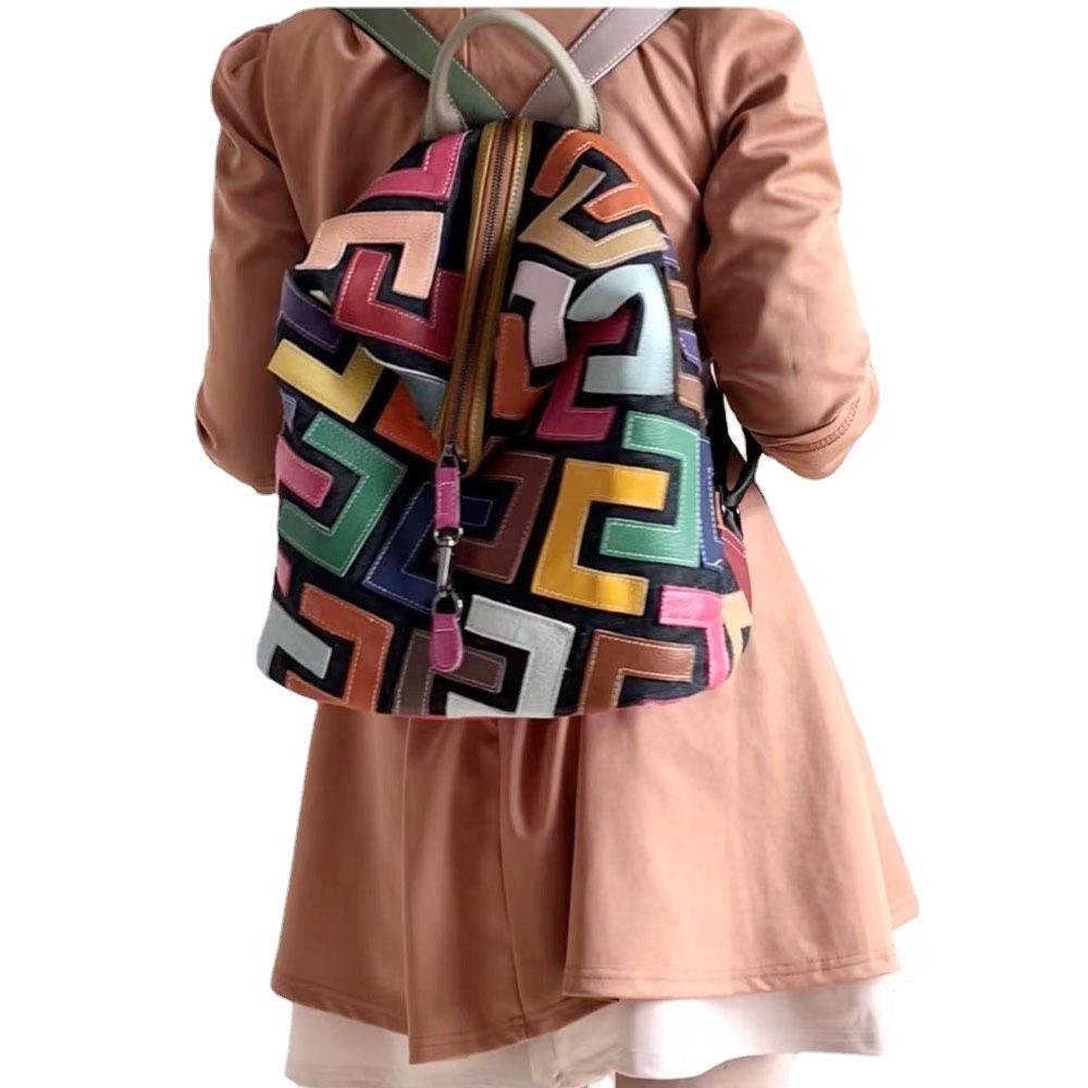 Rucksack Leder Damen Farbige Rindsleder Spleißung Rucksack Retro Lässig Damen Tasche