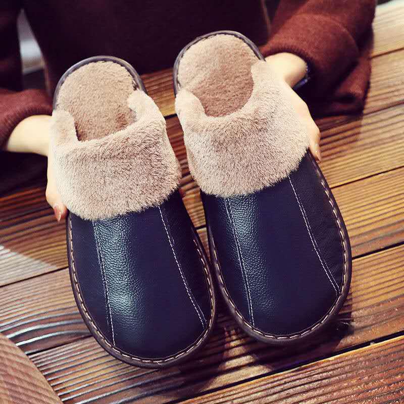 Unisex Genuine Leather Cowhide Slippers: Non-Slip, Warm Indoor Cotton Slippers for Autumn and Winter