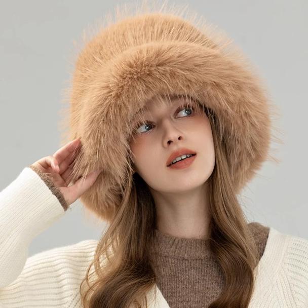 New Imitation Fox Hair Bucket Hat Women's Autumn and Winter Fashion Versatile Thickened Warm Plush Top Hat Japanese Show Small Face