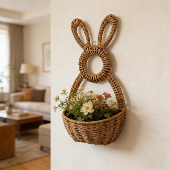 Tasca da Parete Appesa Cesto Coniglio di Pasqua in Rattan Intrecciato a Mano Fascino Rustico Cesto Non Foderato Fiori Uova Regali Decorazione Stagionale per Interni ed Esterni