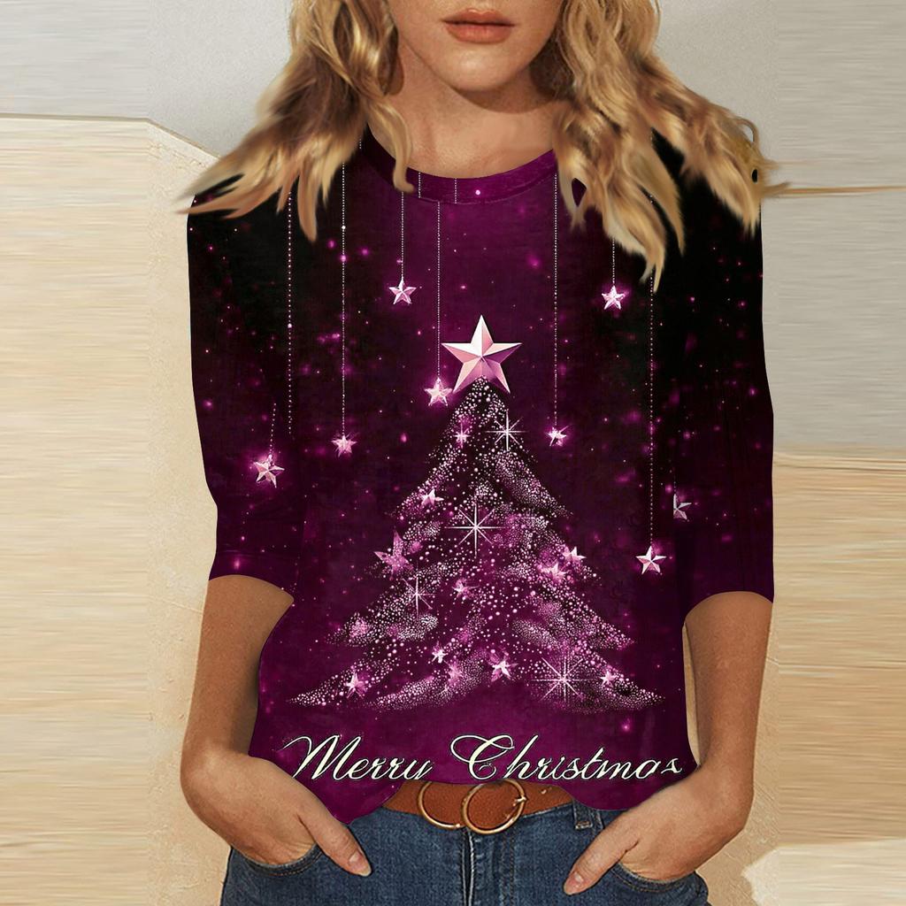 Women's Fashionable Casual Three Quarter Sleeve Christmas Printed Round Neck Top