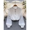 Fashion Stand-up Collar Slim Fit Easiest for Match Puff Sleeve Top Lace