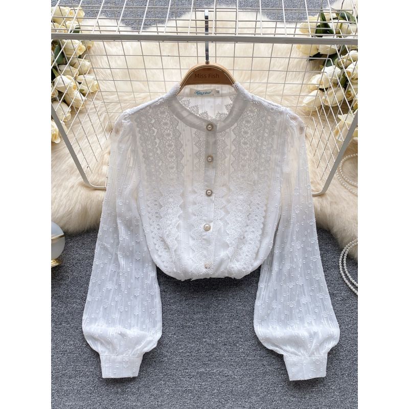 Fashion Stand-up Collar Slim Fit Easiest for Match Puff Sleeve Top Lace