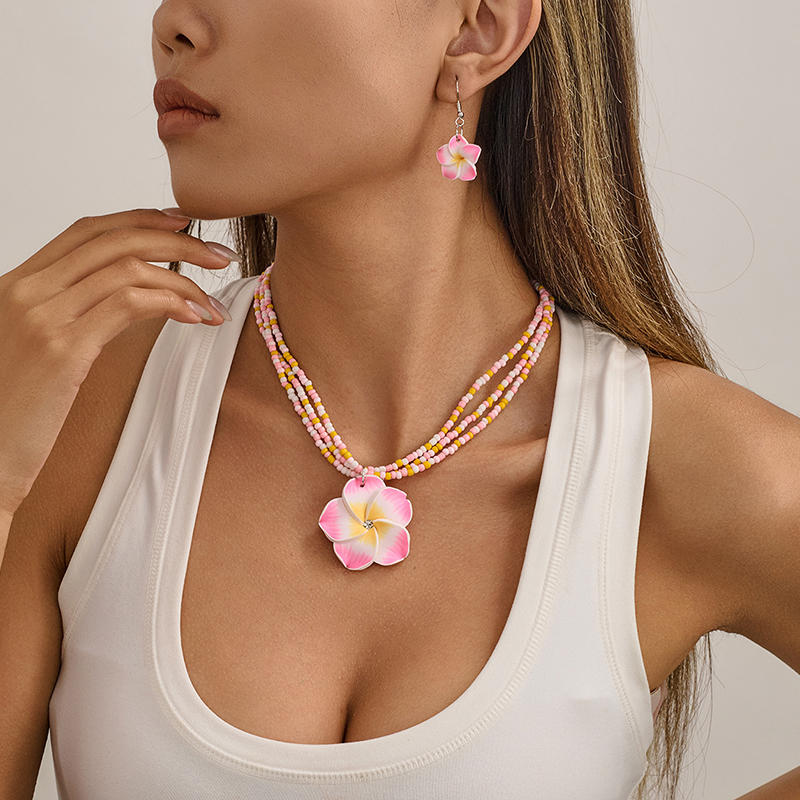 Elegant Colourful Flower Floral Set Earrings Necklace Sweet Braided Necklace Fashion Jewelry
