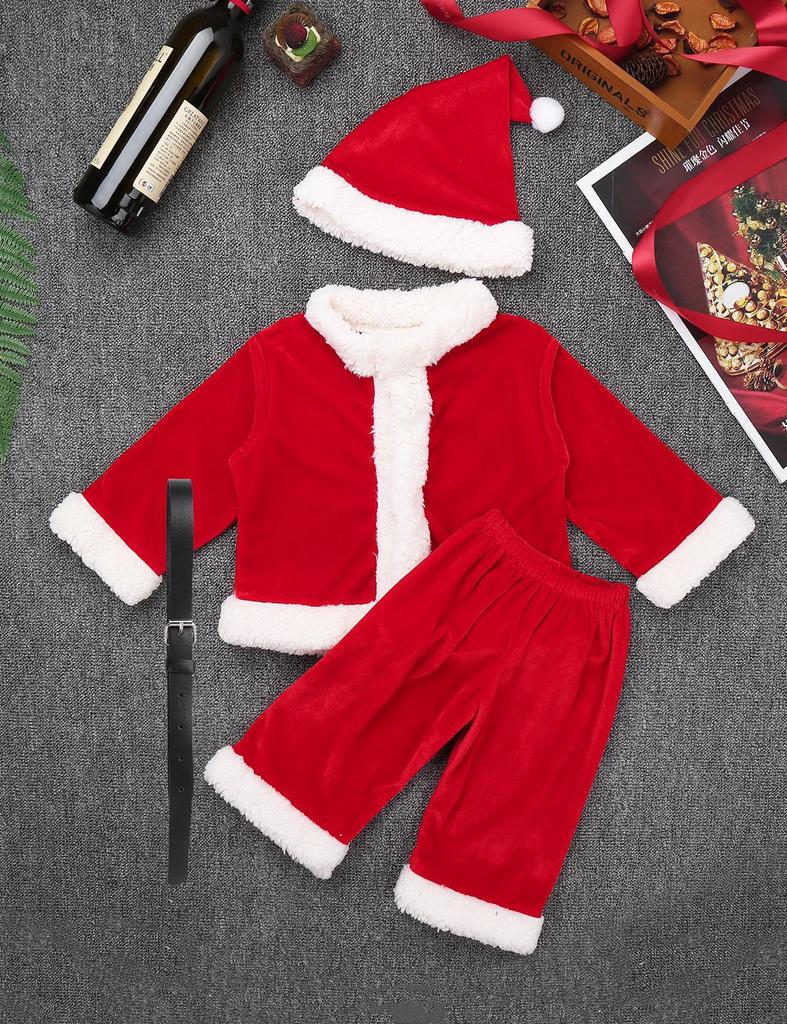 Baby Boys Christmas Santa Claus Costume Outfit Long Sleeves Velvet Top + Trousers Set