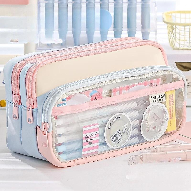 New New Color Block Pencil Case Transparent Large Capacity Creative Multifunctional Stationery Bag Japanese Style High Aesthetic