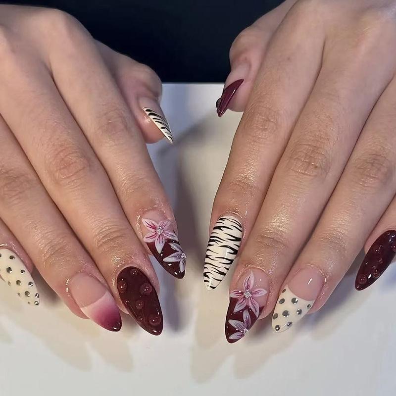 24PCS Red Polka Dot French False Nails with 3D Simple Flower Ripples Almond Press On Nails Full Cover Wearable Acrylic Nail Tips