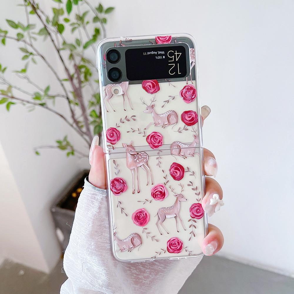 For Samsung Galaxy Z Flip 4 3 Flip4 Flip3 Case Jungle Leopard Rose Deer Painted Transparent Shockproof Folding Hard Back Cover