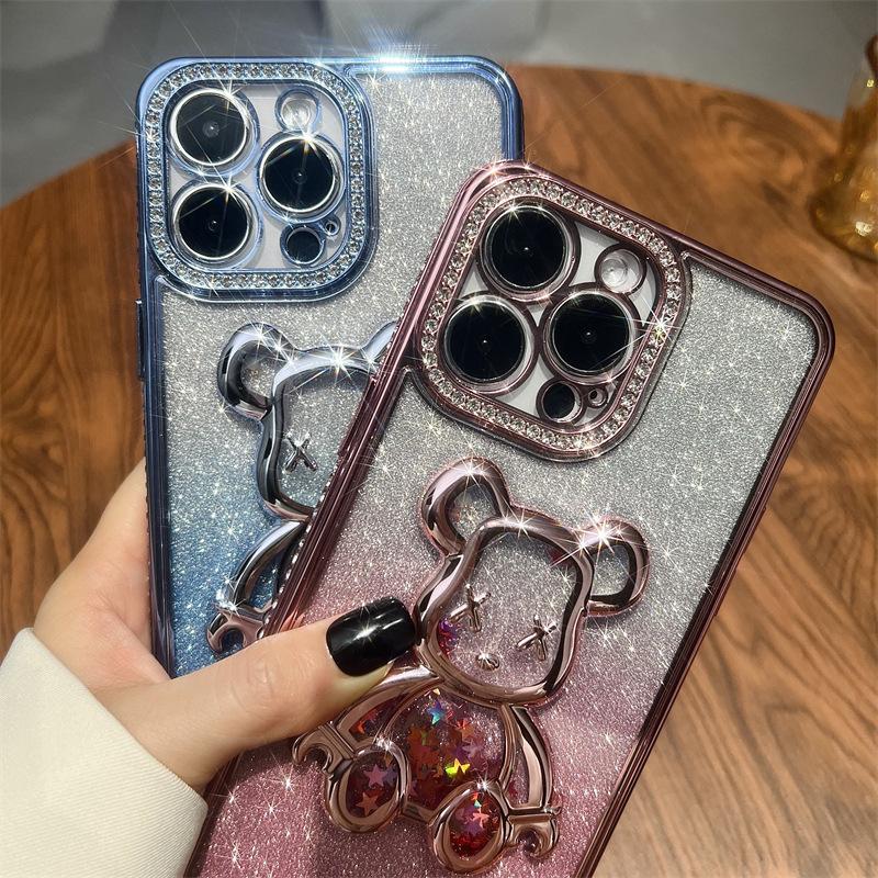 Quicksand glitter electroplating violent bear for iPhone16 mobile phone case 15 rhinestone gradual change 13 Apple 13 transparent case