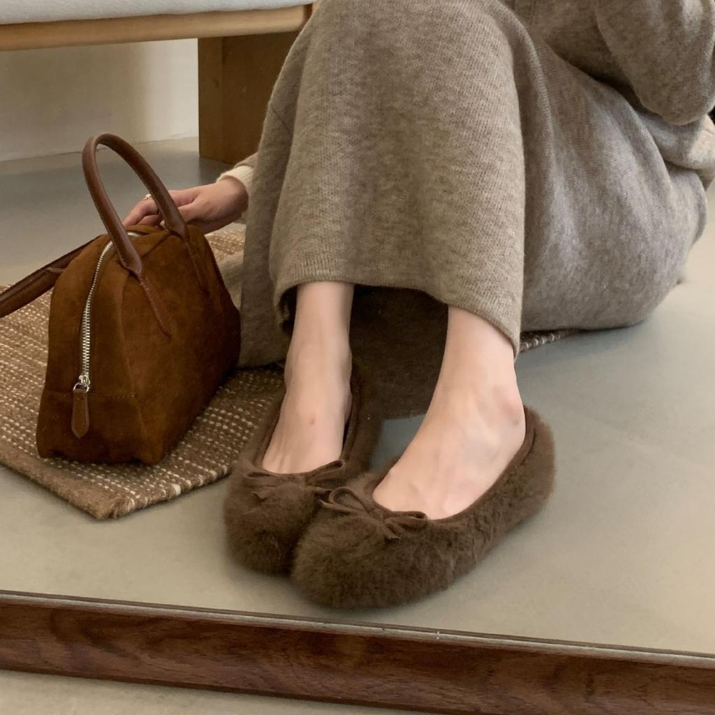 2025 podzim a zima nové hranaté norkové chmýří fleece mašle silná podrážka balerínky dámské jednoduché boty plochá podrážka