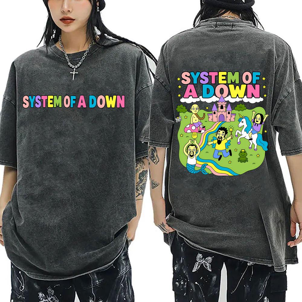 System of A Down Vintage Washed T-shirt Men Women Gothic Oversized Short Sleeve T-shirts Male Rock Band Cartoon Graphic T Shirts
