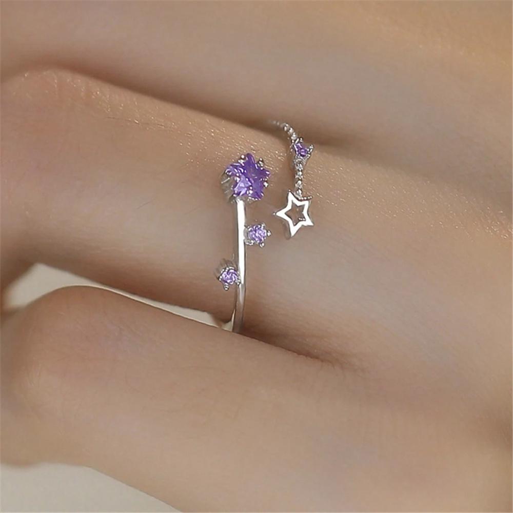 Cute Female White Purple Stone Silver Color Star Wedding Rings Promise Open Adjustable Engagement For Women
