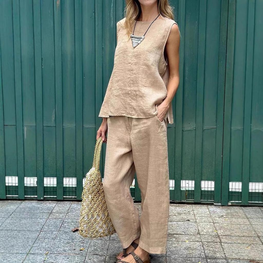2024 Spring/Summer Cotton Linen Casual Two-Piece Set: Sleeveless Top & Loose Long Pants for Women
