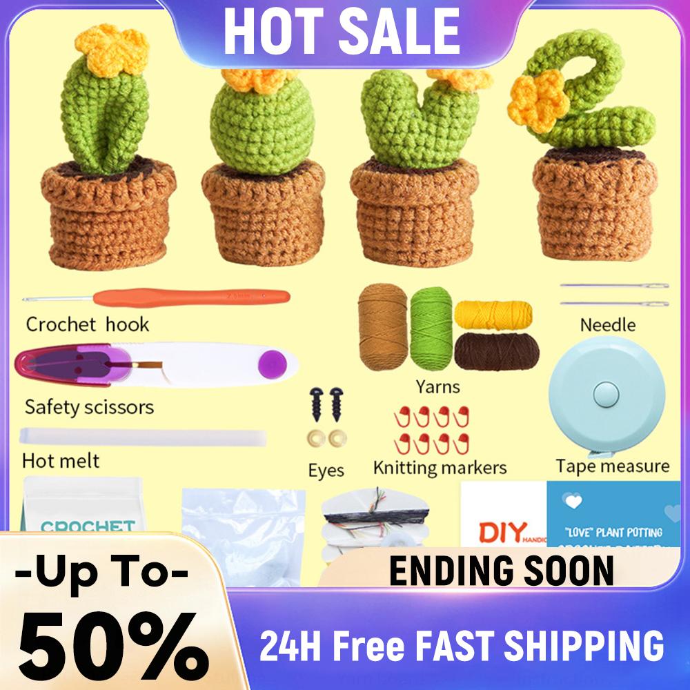 4Pcs Cactus Bonsai DIY Complete Starter Knitting Set for Beginners Adults Gifts Crochet Starter Kit with Step-by-Step Tutorials China Mainland