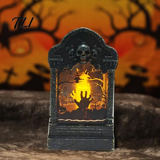 Holiday Party Supplies Tombstone Candle Lantern, LED Lighted Spooky Graveyard Table Lamp, Halloween Tabletop Decor Small Night Light for Haunted House