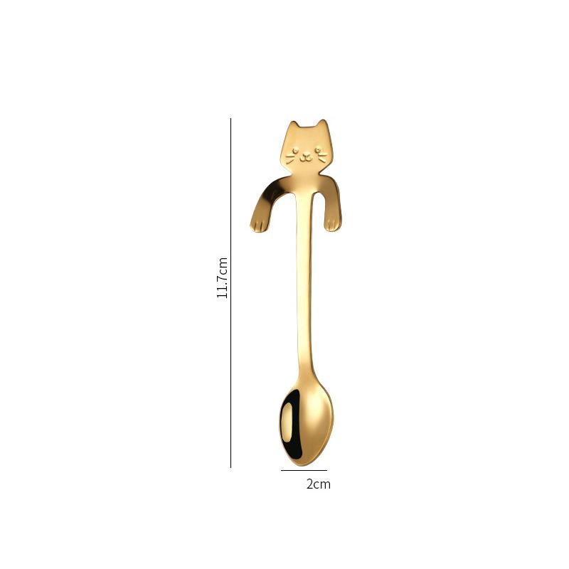 1PCS 304 Stainless Steel Cat Spoon Creative Cartoon Hanging Edge Spoon Cute Coffee Spoon Gold-plated Stirring Spoon