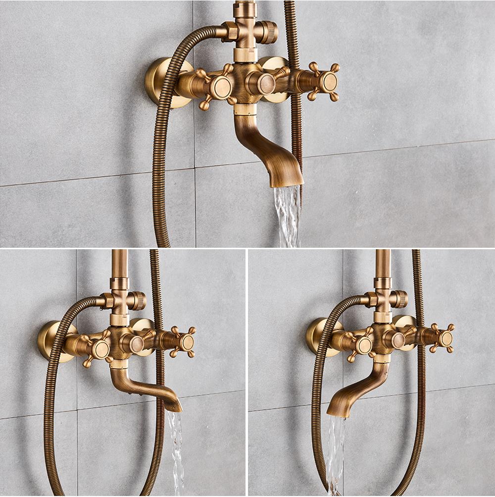 Antique Bathroom Rainfall Shower Faucet Set Wall Mount Dual Handle With Handshower Brass Bathroom Shower Mixer Tap
