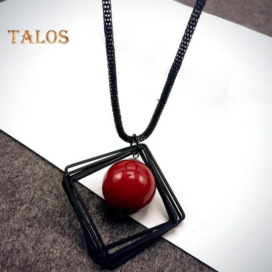 Women Sweater Chain Single-layer Alloy Red Bead Geometric Pendant Clothes Jewelry Dating Prom Party Garment Decoration Necklace