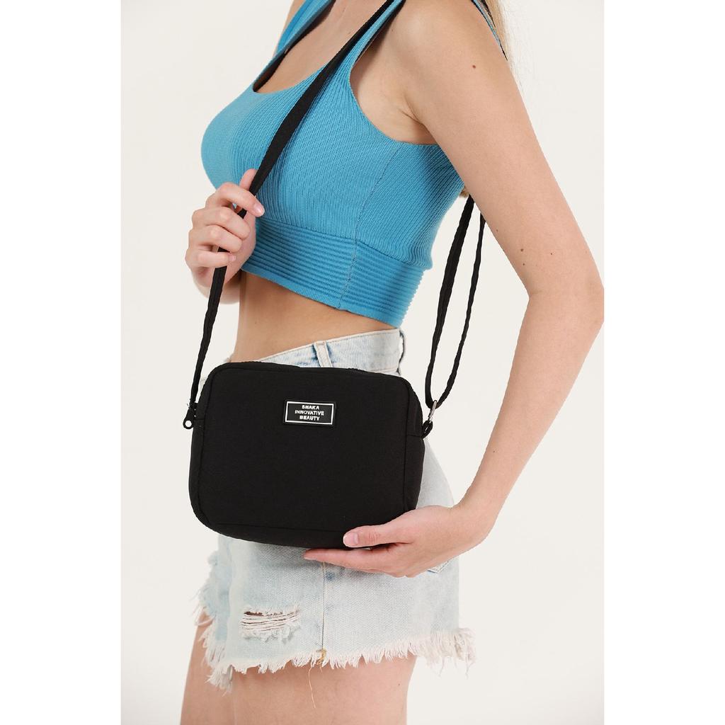 Black U35 Canvas Fabric Women's Shoulder Bag With Single Zipper Compartment And Adjustable Strap U:14 E:20