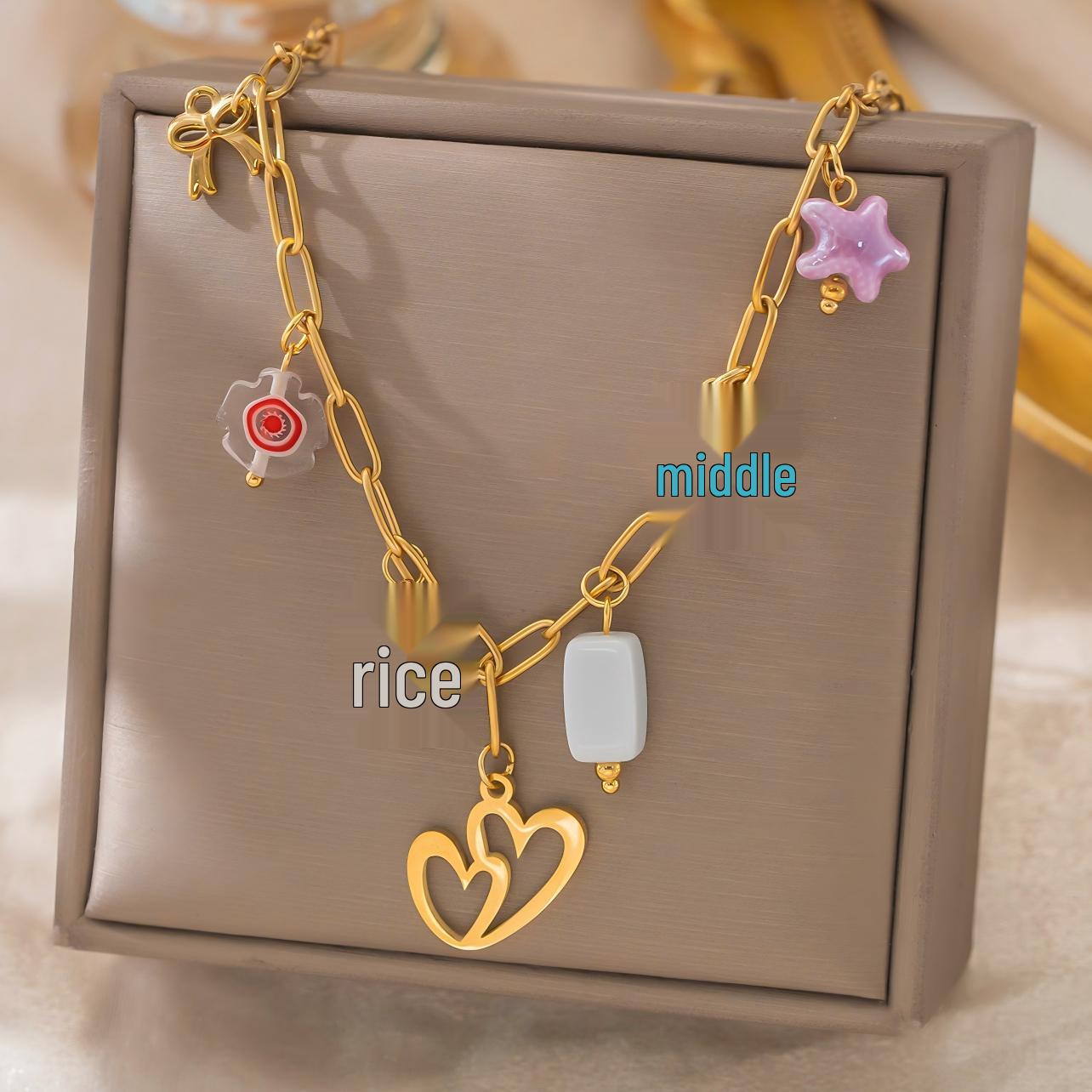 18K Gold Plated Stainless Steel Waterproof Necklace with Enamel Flower, Star, and Heart Pendants for Women. 18K Gold Plated
