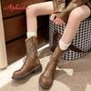Fashion Aphixta Mid-Calf Modern Boots 3.5cm Square Heel Totem Design Back Zip Woman Shoes Round Toe Brown Big Size 42 Western Boot