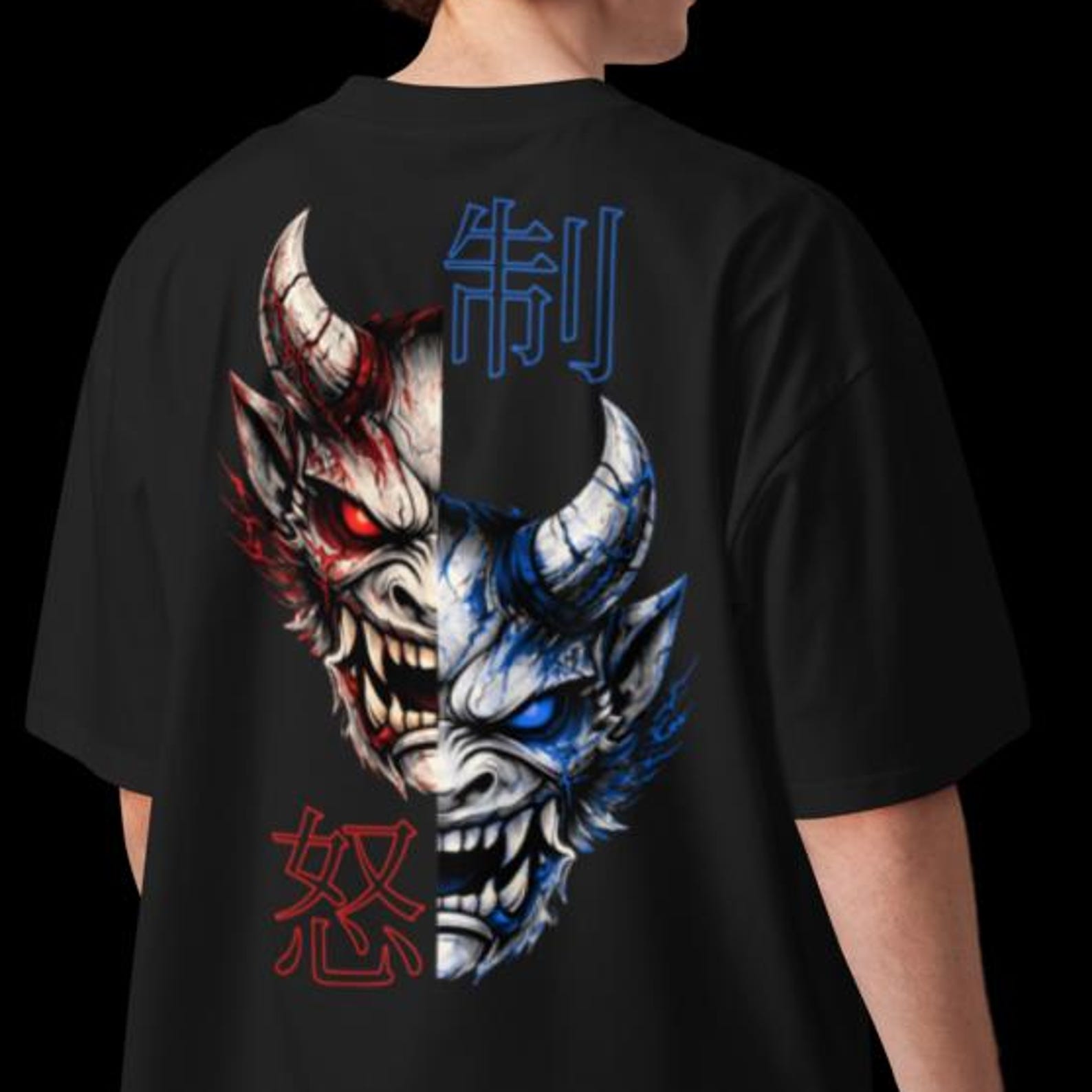 Oversized Japanese Oni Mask T-Shirt – Unisex Streetwear Tee with Demon Graphic and Kanji, Organic Cotton Anime Aesthetic Top S