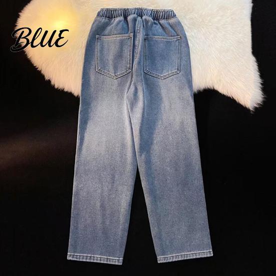 Solid Color Jeans Pants Loose Waist Adjustable Mid-rise Elastic Women Winter Drawstring Sport Fit