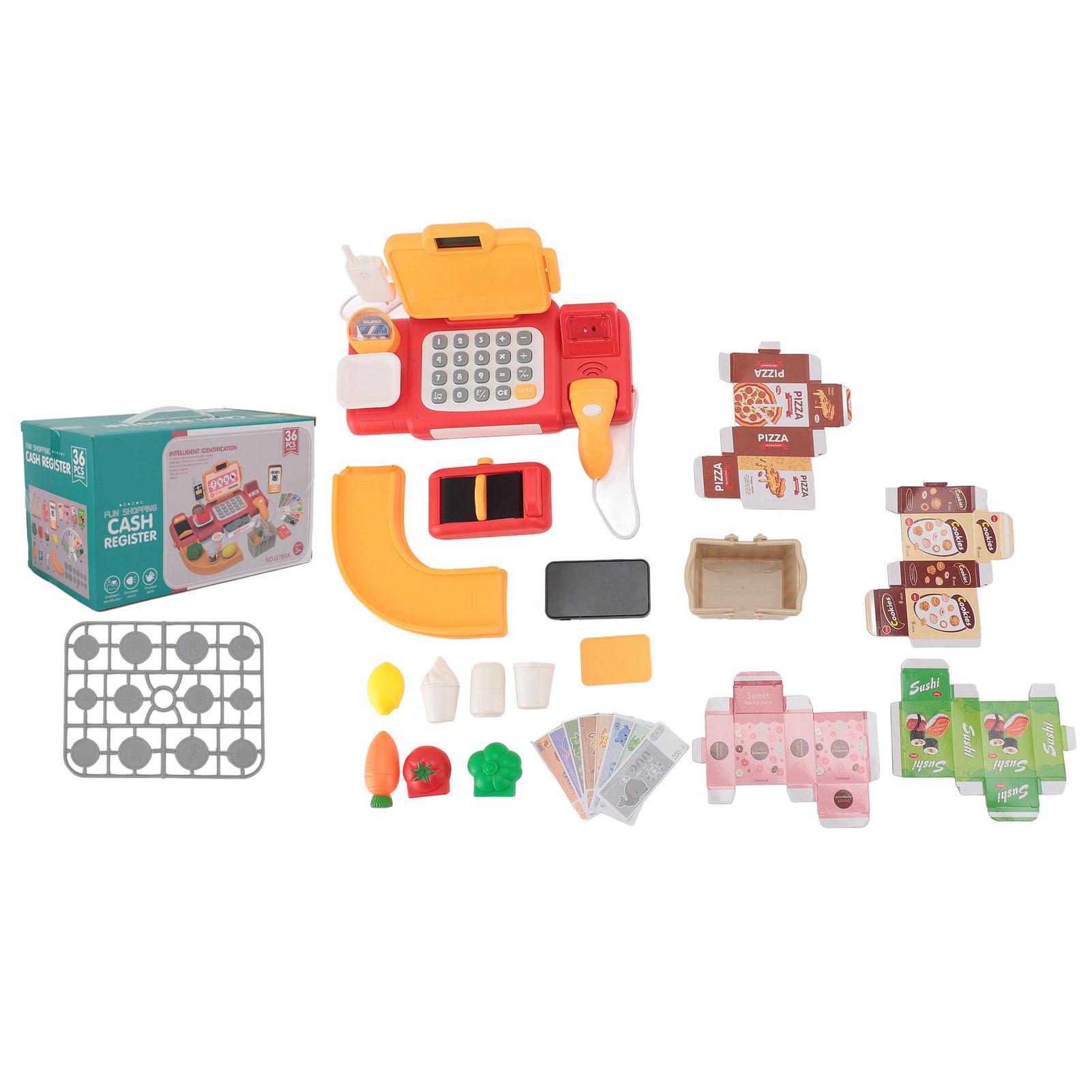 Игрушечная касса для детей со сканером, набор продуктов для игры, игрушечный калькулятор, считыватель кредитных карт, голосовое оповещение, игрушечные деньги