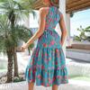 Vintage Halter Sleeveless Long Dress Women Lace Up Strap Print Spring Summer Holiday S-XL