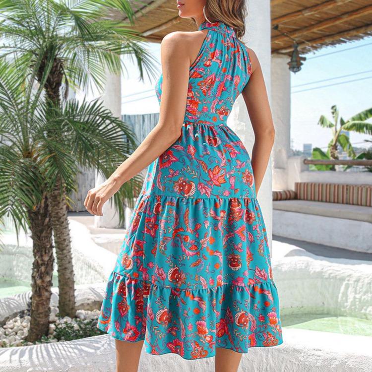 Vintage Halter Sleeveless Long Dress Women Lace Up Strap Print Spring Summer Holiday S-XL