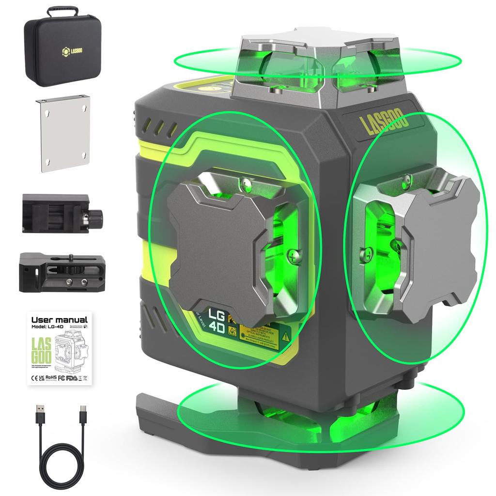 LasGoo 16 Green Laser Beam Laser Tool with Horizontal and Vertical Ideal for Construction and with Magnetic Pivot Bracket LG-4D 4x360° Level,