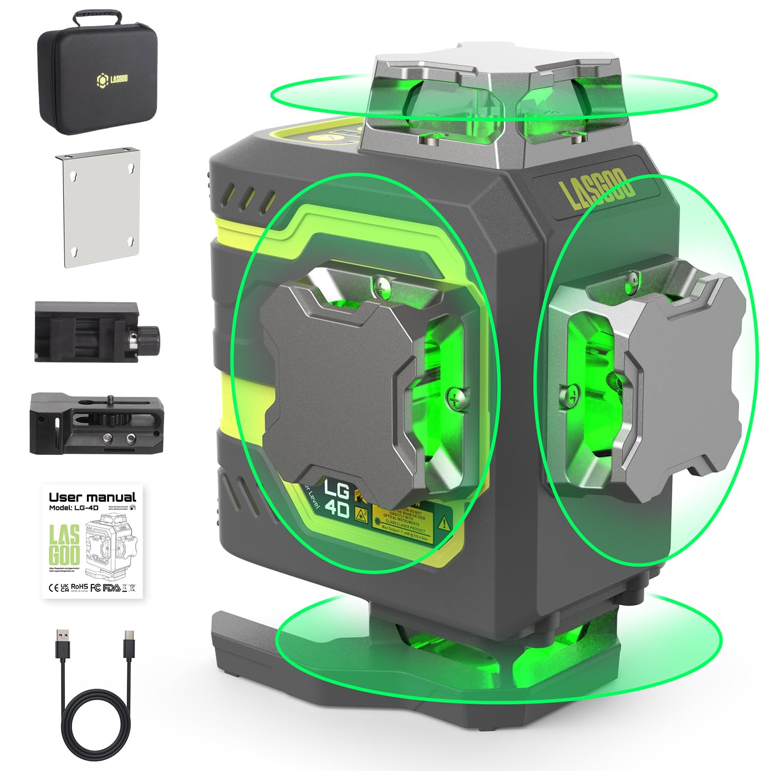 

Лазерный уровень LasGoo LG-4D Зеленый 4×360° (Самовыравнивание, Зарядка Type-C, Магнитный кронштейн) зелёный