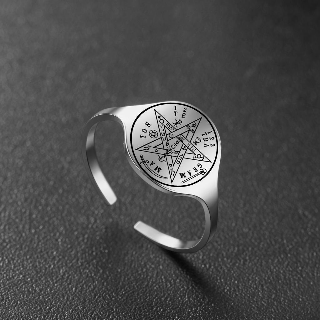 Pentagramm Schutz Talisman Amulett Ring Edelstahl Tetragrammaton Offene Ringe Spirituelles Siegel Schmuck Geschenk für Frauen