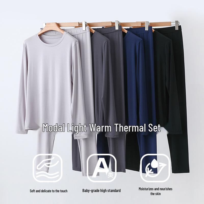Men's Modal Thermal Set: Thin Base Layer with Round Neck Top & Trousers for Autumn/Winter