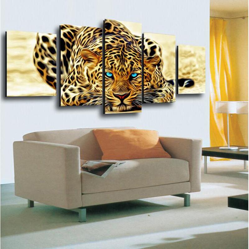 5 Pcs NO Framed Abstract Blue Eyes Leopards HD Wall Picture Decorative Oil Painting On Canvas Home Decoration For Living Room