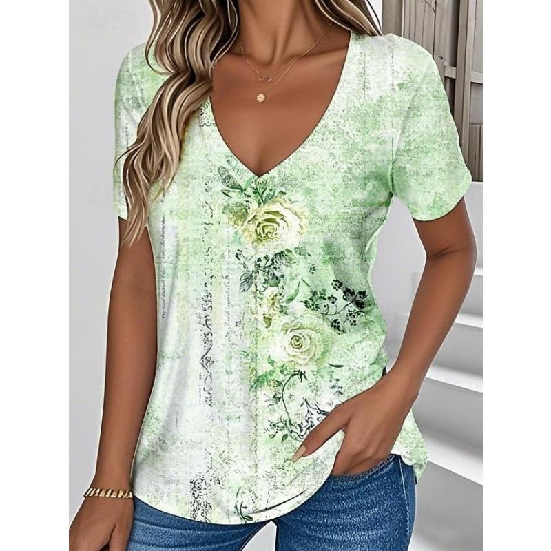 Women's T Shirt Print Floral Graphic Vintage Stylish Classic Short Sleeve V Neck Regular Tops Summer Spring