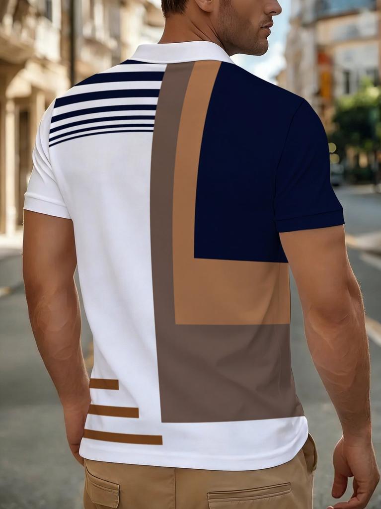2026 Summer New Style Men's Short-Sleeved Polo Shirt with 3D Stripes Pattern Print for Street Casual Fashion Breathable