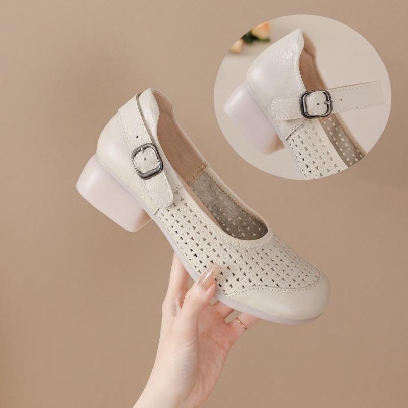 2026 Spring Summer Breathable Genuine Leather Shoes for Women Comfortable Mary Jane Shoes for Daily Wear Plus Size 41