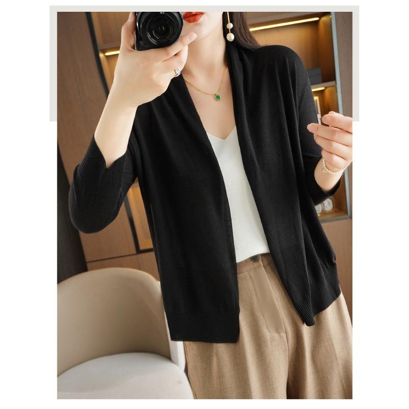 Dünne Strickjacke aus Eisseide und Leinen für Damen, langärmelig, Strickmode, locker, elegant, Schal, lässiger Mantel, einfarbig, einfaches Grundmodell, Pendeln, Frühling, Herbst