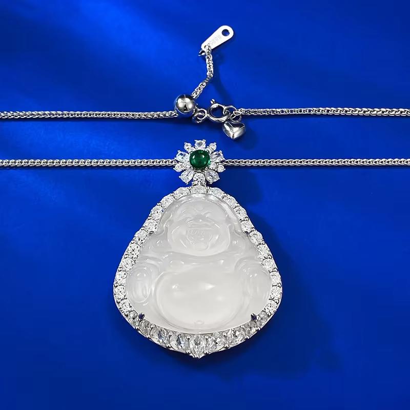 New S925 Silver Inlaid Natural Water Foam Jade Buddha Pendant High Ice White Marrow Necklace Jewelry for Women